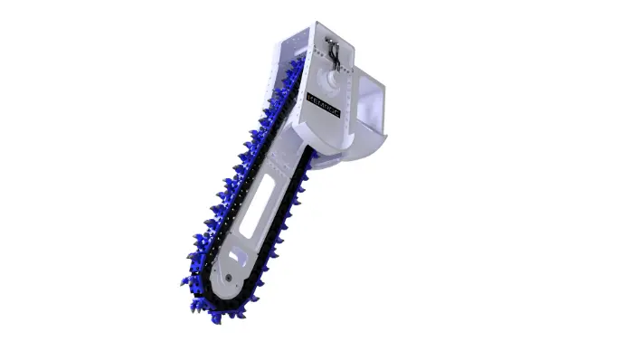 Fraise hydraulique pour tranchée en roche sur pelle hydraulique